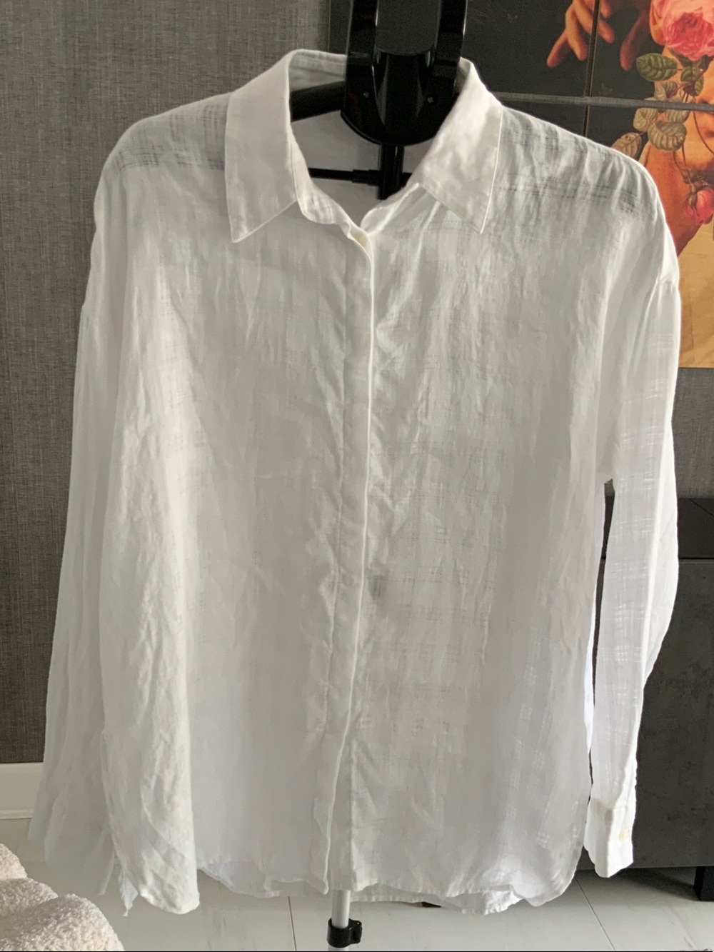 Tristan White Semi-Sheer Linen Button-Down Linen Shirt L